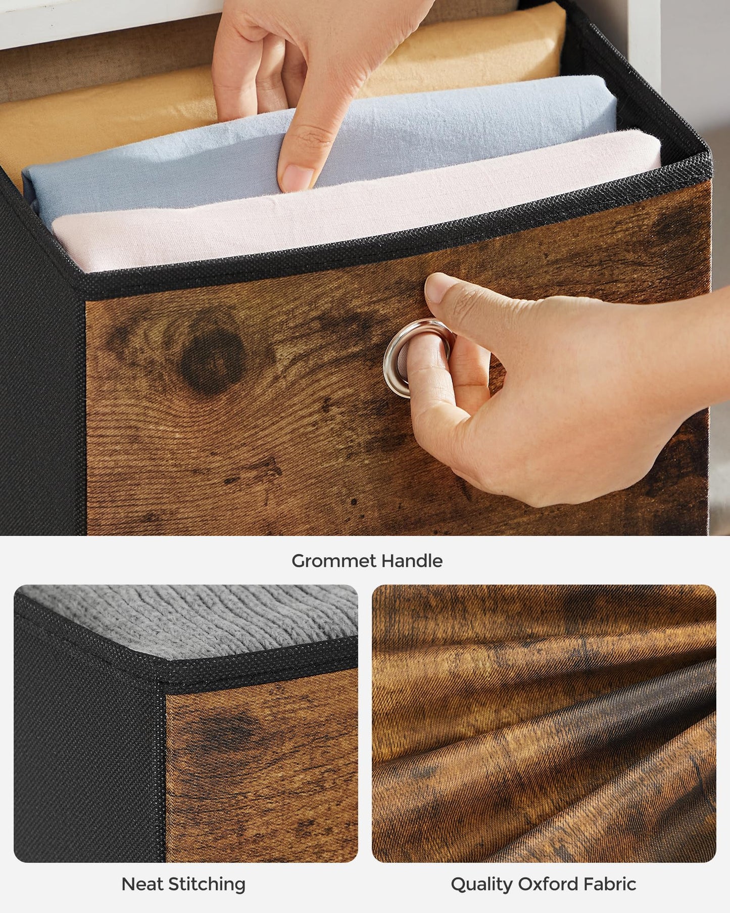 SONGMICS Storage Cubes, Set of 6 Storage Bins with Handles, Foldable Oxford Fabric and Non-Woven Fabric Storage Boxes, 10.2x10.2x11 Inches, Fit Cube Storage Unit, Rustic Brown URFB126B01