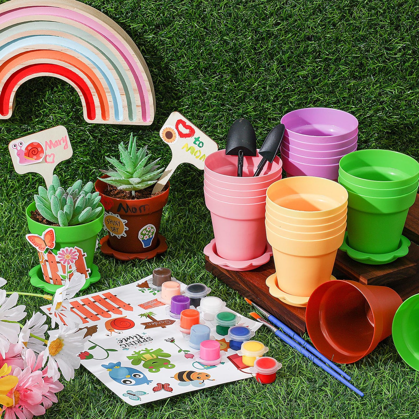 SiliFine 24 Sets Spring Kids Plant Growing Kit Flower Pots Cupcake Plant Nursery Pots Gardening Kit for Kids with Paint and Stickers Labels Name Tag for Easter Mothers Day Craft Bulk Classroom