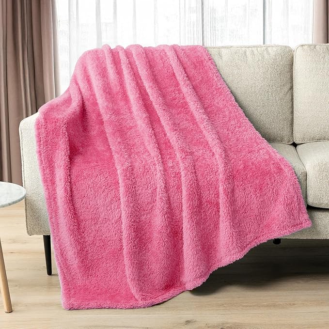 PAVILIA Sherpa Throw Blanket for Couch Sofa, Pink Fluffy Warm Plush Blanket for Twin Bed, Cozy Super Soft Lightweight Throw, Fuzzy Decorative Blanket, All Season Home, 60x80