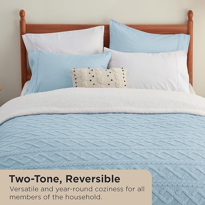 Bedsure Sherpa King Size Blanket for Bed- GentleSoft Fleece Fluffy & Cozy Cable Jacquard Tufted for Women Gift, Thick and Warm Blankets for Winter, Blue, 108x90 Inches