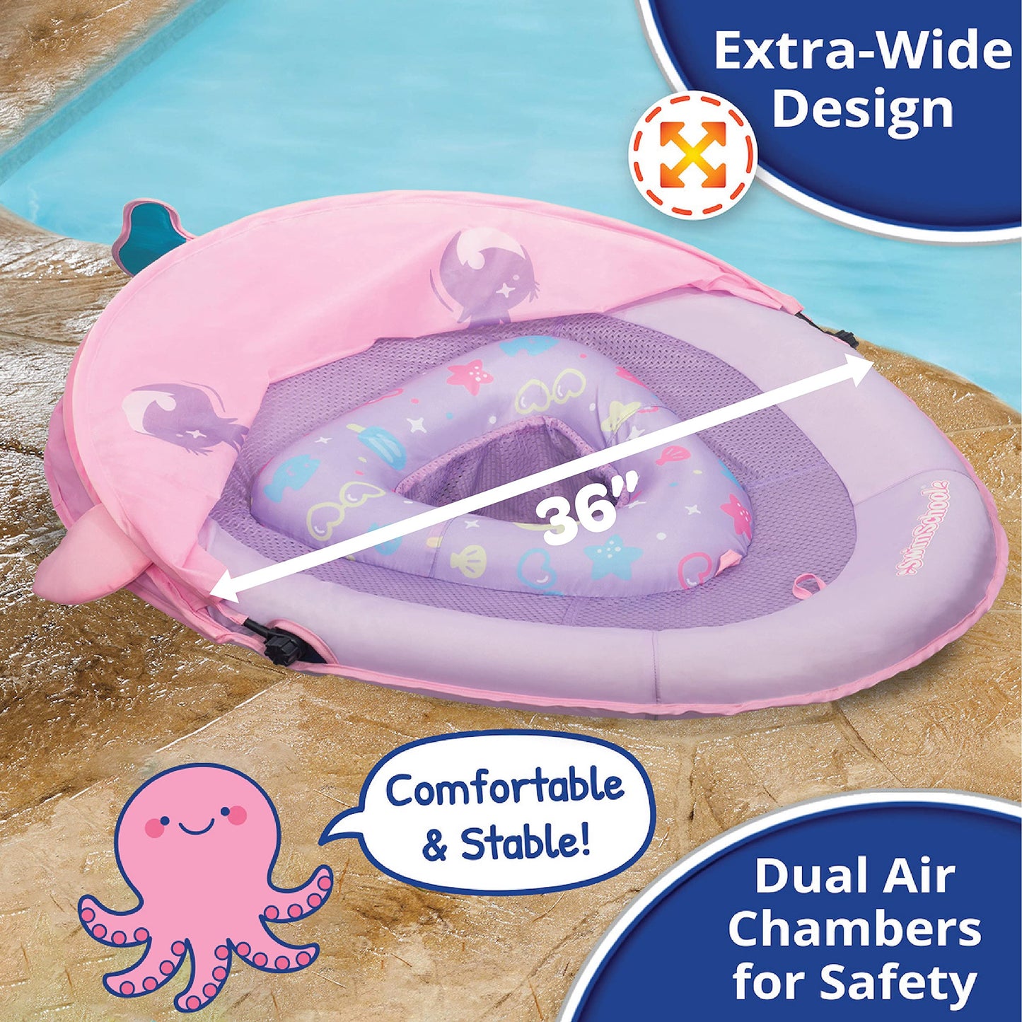 SwimSchool Baby Pool Float with Adjustable Canopy - 6-24 Months - Includes 5-Toy Interactive Play Console Safety Seat - Pink