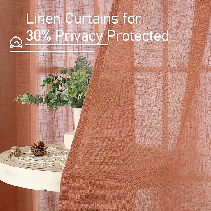 LAMIT 63 Inch Semi Sheer Linen Curtains, Light Filtering Panels Back Tab and Rod Pocket Fall Decor Drapes for Bedroom/Living Room, Terracotta, 2 Panels, 34 x 63 Inch
