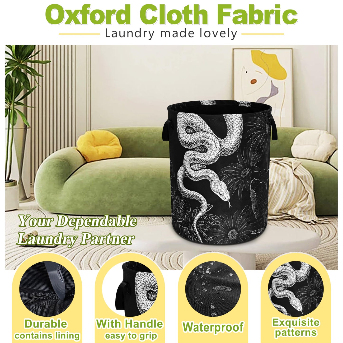 Snake Laundry Basket Floral Prints Funny Foldable Waterproof Oxford Cloth Tote Bag Laundry Hamper Round Large Clothes Storage Bucket Toy Organizer For Bathroom/Laundry Storage/Bedroom 18.9x16.5 Inch