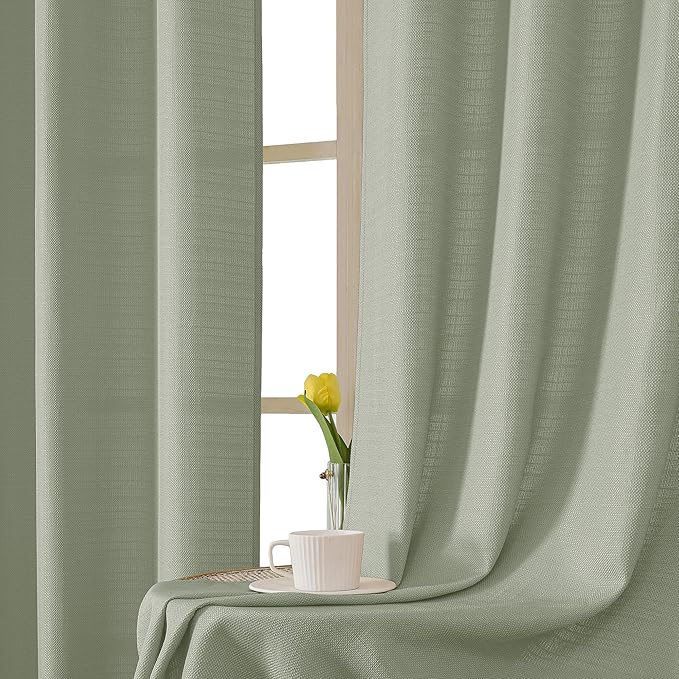 Chyhomenyc Bennet Light Green Curtains 54 Inch Length 2 Panels, Faux Linen Textured Semi Sheer Light Filtering Soft Airy Rod Pocket Window Treatment Drapes for Living Room Bedroom, Each 30" Wx54 L
