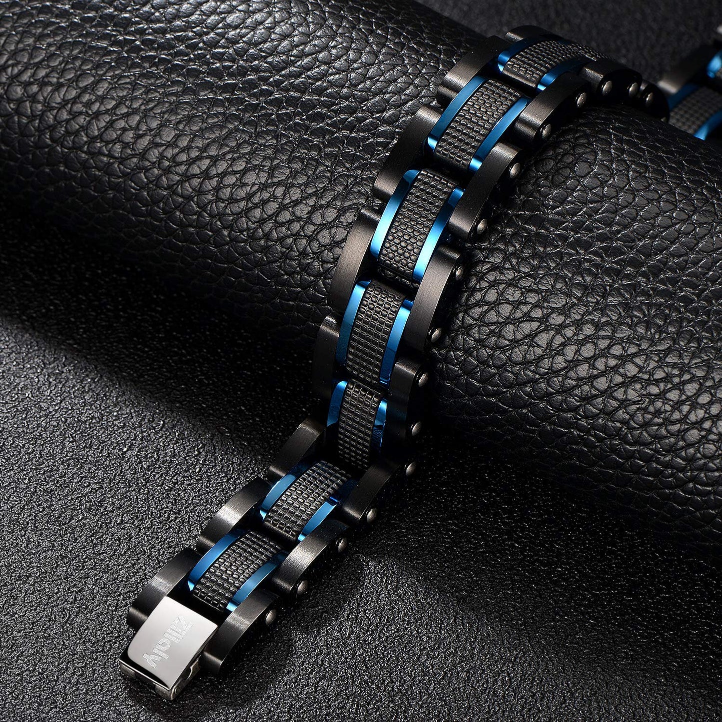 Zillaly Men's Stainless Steel Two-Tone Square Link diamond Bracelet in Black & Blue Ion-Plated Black (Black & Blue)