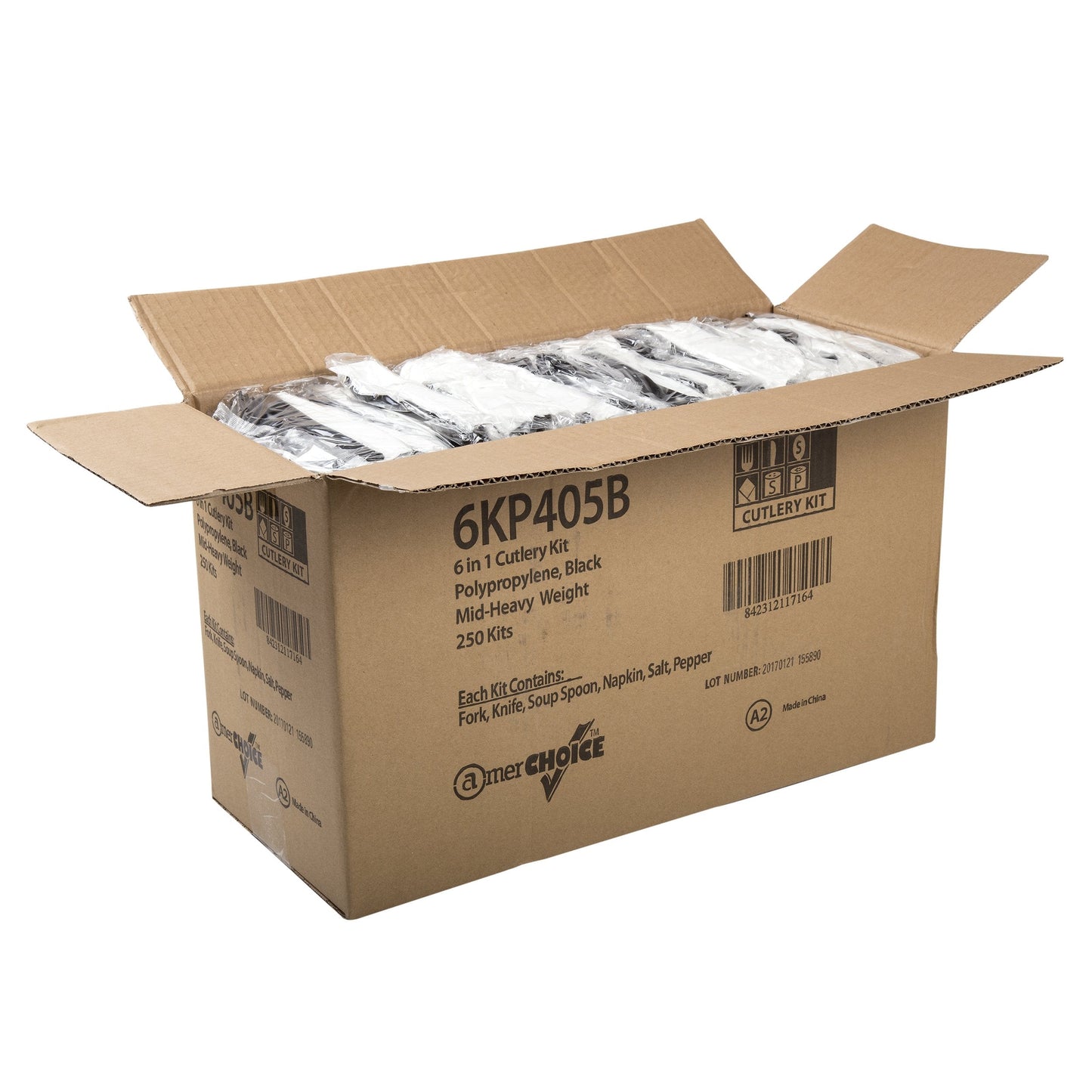 AmerCareRoyal 6-in-1 Disposable Silverware Medium Heavy Weight Plastic Utensil Set with Teaspoon, Fork, Knife, Salt & Pepper, 12x13 Napkin - Individually Wrapped Cutlery Meal Kit, Black, Case of 250