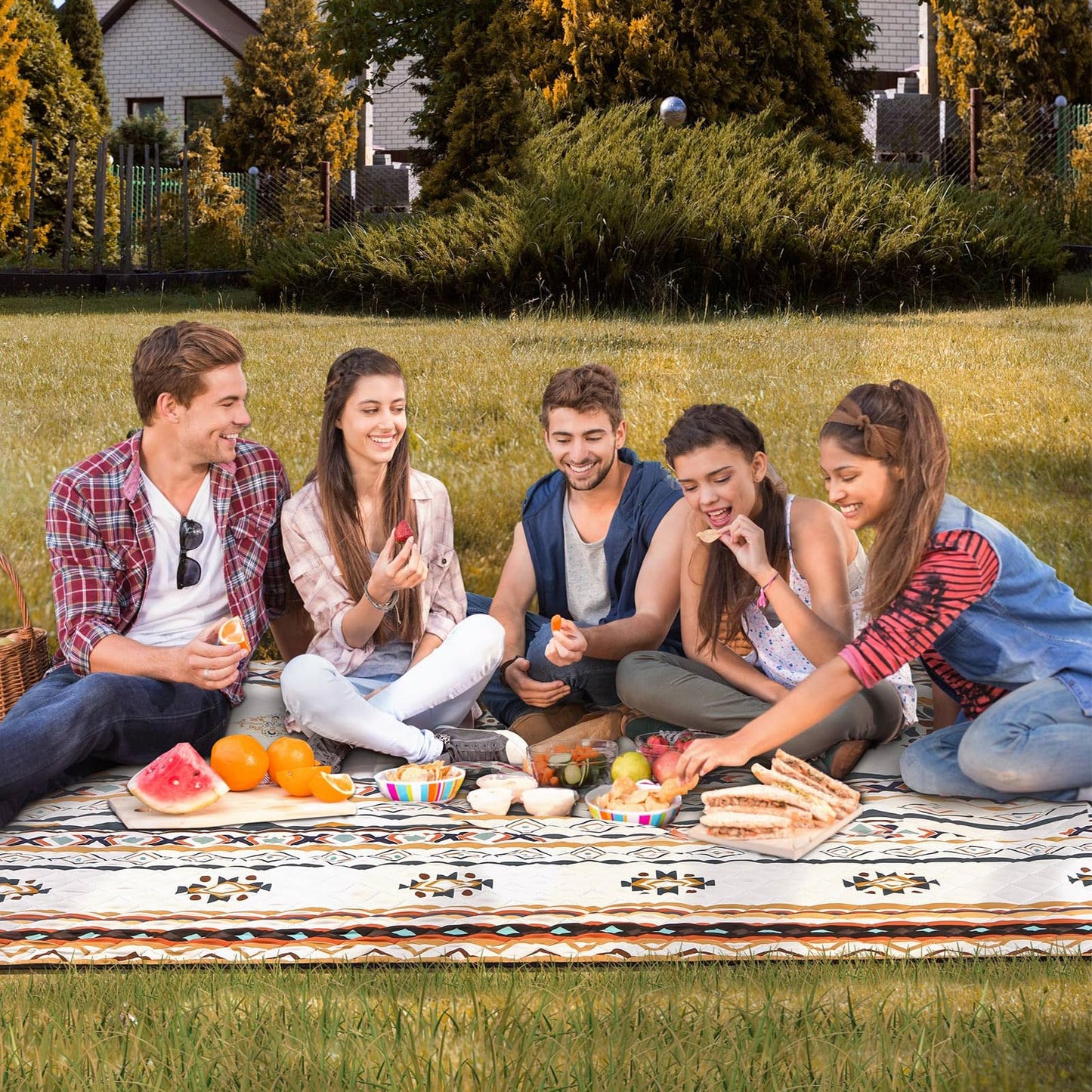 HAUSPROFI Extra Large Picnic Blanket 80"x80" – Waterproof Outdoor Mat for Beach, Camping, Park & Garden, Portable with Carry Strap & 4 Stakes, Machine Washable, Bohemian Pattern
