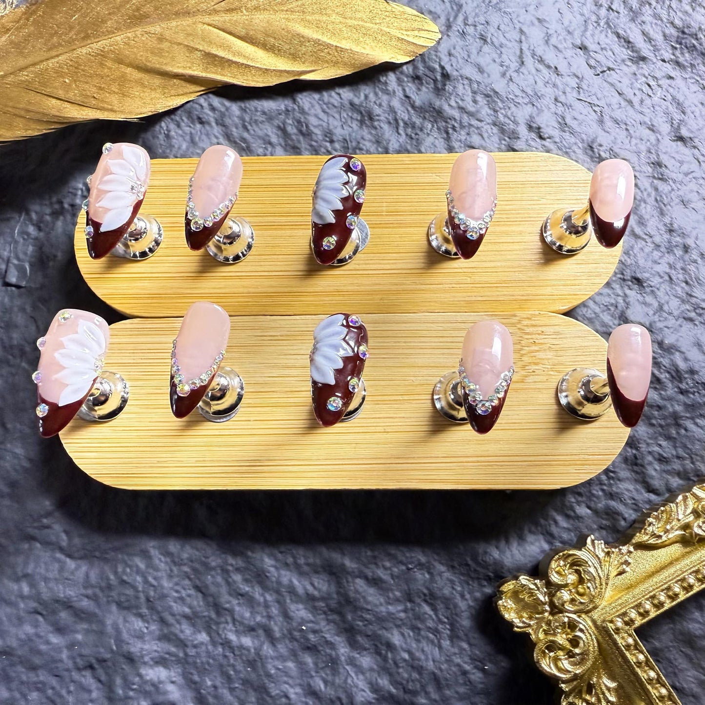 Handmade Press On Nails Almond Medium Elegant Cherry Red French With Rhinestone Detail Handmade Nails 3d Dloral Reusable Wedding Prom And Festival Acrylic Press On Nails (Medium)