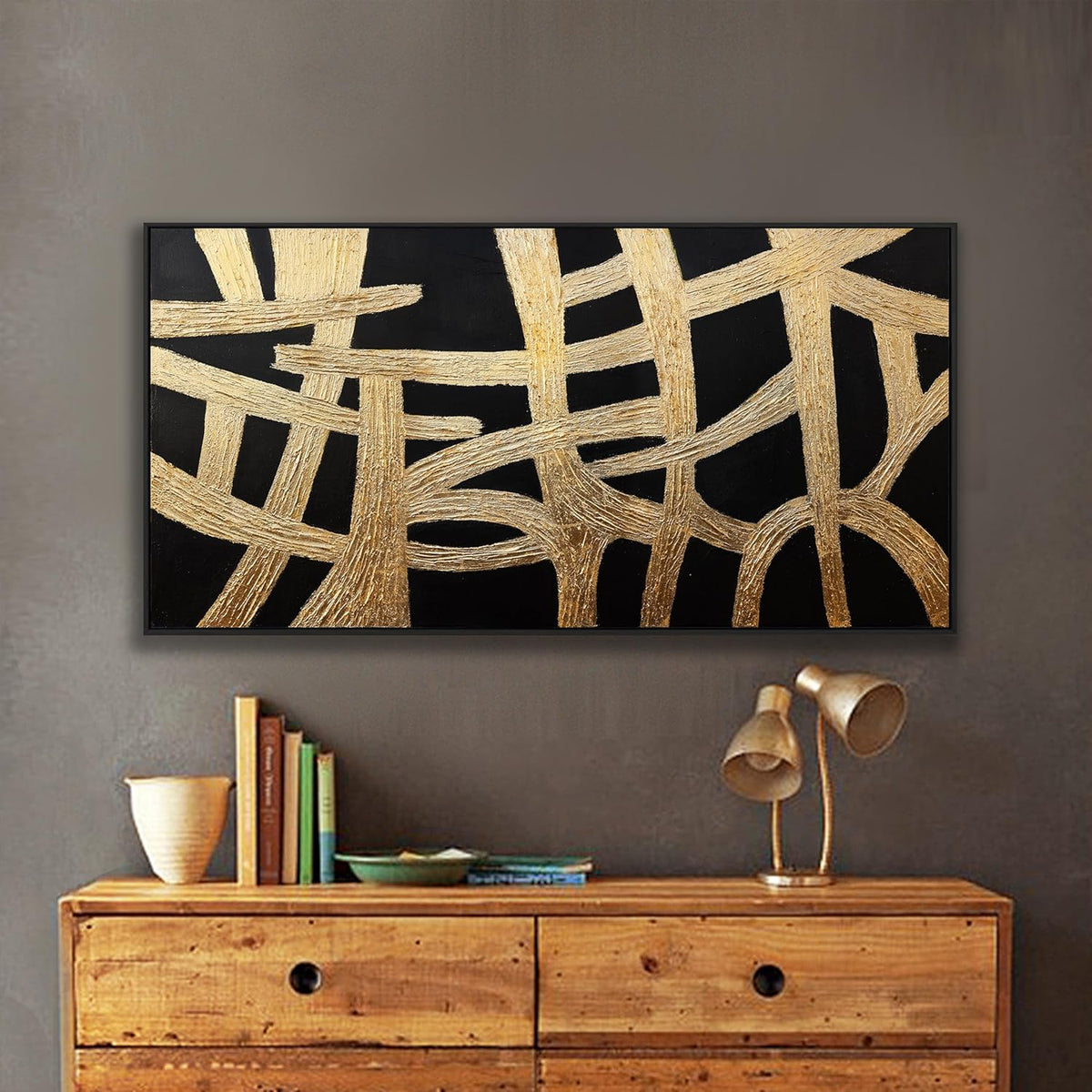 Abstract Wall Art Small Size Black And Gold Lines Texture Artwork Framed Home Decoration Artwork Decor Modern Minimalist Canvas Painting Living Room Decor For Bedroom Office Wall Decor 20"X40"