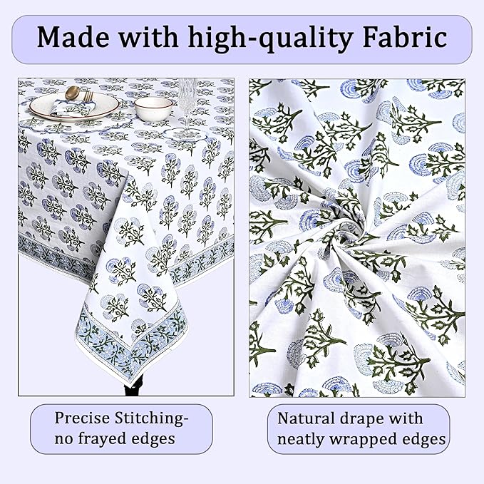 Ridhi Hand Block Print Mughal Buta Blue Rectangle Cotton Tablecloth 108" x 70" Reusable Table Cover Decorative Everyday Use for Dining, Farmhouse, Home Gift for Spring, Easter, Valentine