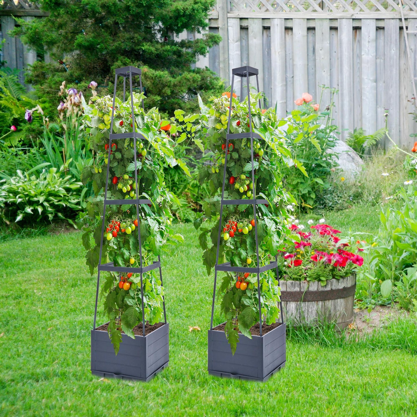 GENMOUS Raised Garden Bed with Tomato Planter Box Trellis, 56'' Tomato Cages for Garden, Tomato Planter Cage for Patio for Climbing Plants Vegetable Vine Flowers Outdoor & Indoor, 2 Pack