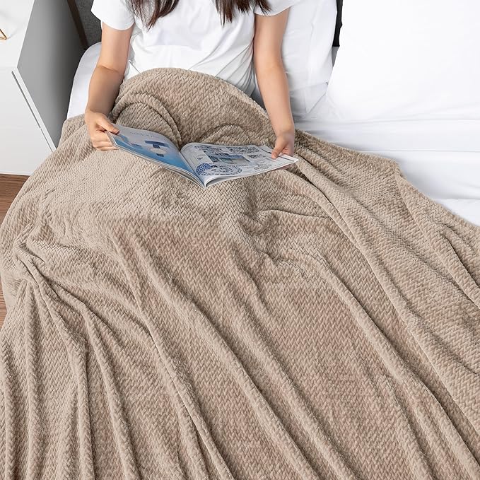 PAVILIA Soft Fleece Taupe Tan Throw Blanket for Couch, Lightweight Plush Warm Blankets for Bed, Fuzzy Cozy Flannel Blanket Throw for Sofa, Travel, Jacquard Pattern, Taupe/Camel, 50x60 inch