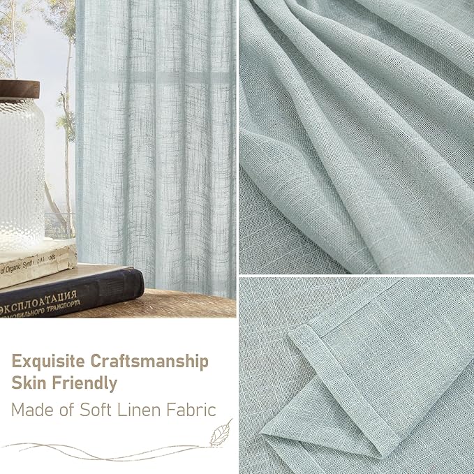 LAMIT Short Linen Window Curtains 30 Inches Long 2 Panels, Greyish Blue Semi Sheer Light Filtering Panels Back Tab and Rod Pocket Neutral Drapes for Basement/Small Windows, 34 x 30 Inch