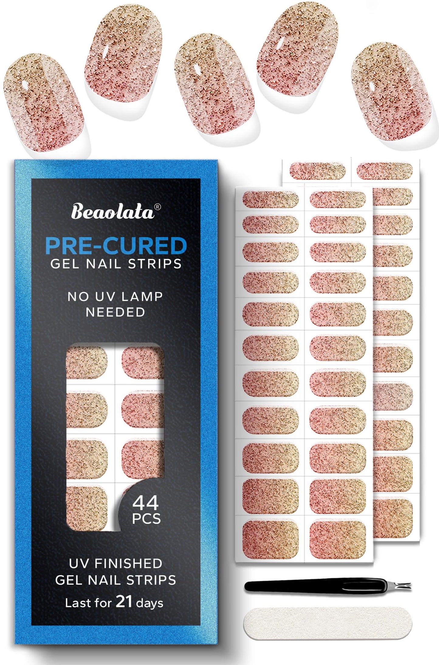 Beaolata Real Gel Nail Strips (No UV Light Needed) - 44Pcs Salon Quality Nail Stickers - Long Lasting Polish Wraps for Women, Easy Apply & Remove (Pink Haze)