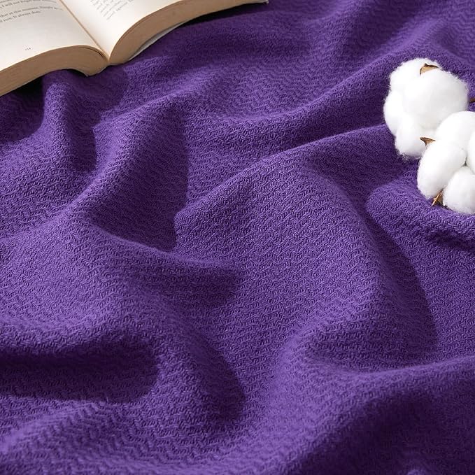 Bedsure 100% Cotton Large Throw Blanket for Couch 50x70 inches - Breathable and Lightweight, Soft Cozy Herringbone Woven Blanket for Summer Spring, Purple