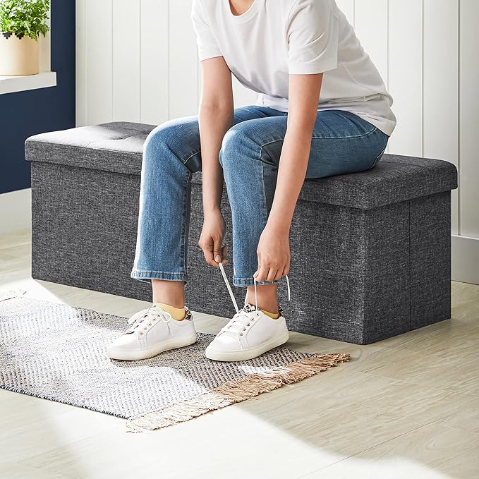 SONGMICS MAZIE Collection - 43 Inches Storage Ottoman, Foldable Storage Bench with Flipping Lid, 660 lb Load Capacity, for Entryway, Living Room, Bedroom, Dark Gray ULSF76GYZ