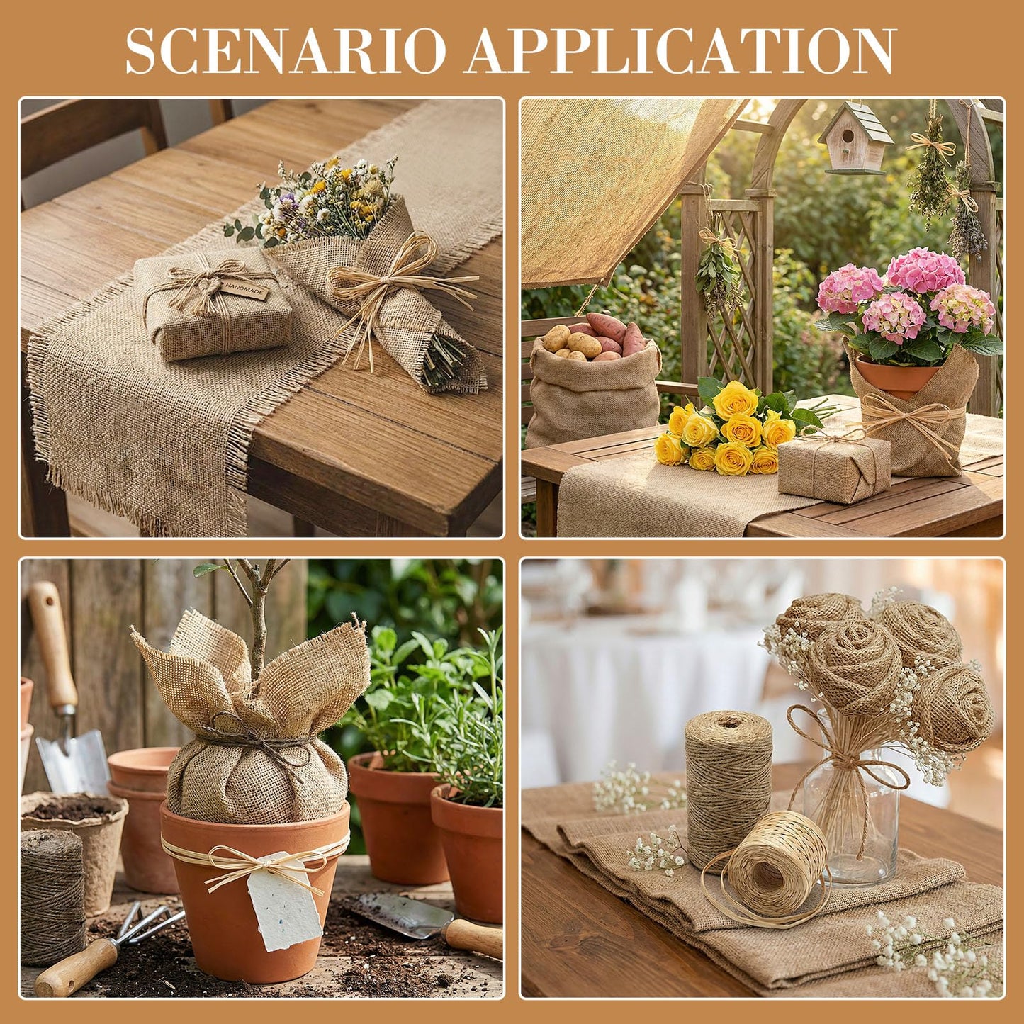 Yoojahow 40" x 15 Feet Gardening Burlap Roll 218 yd Raffia Ribbon 656 ft Natural Jute Twine for Boho Wedding Table Decor Wrapping Packing DIY Gardening Home Table Runner Rural Style Party
