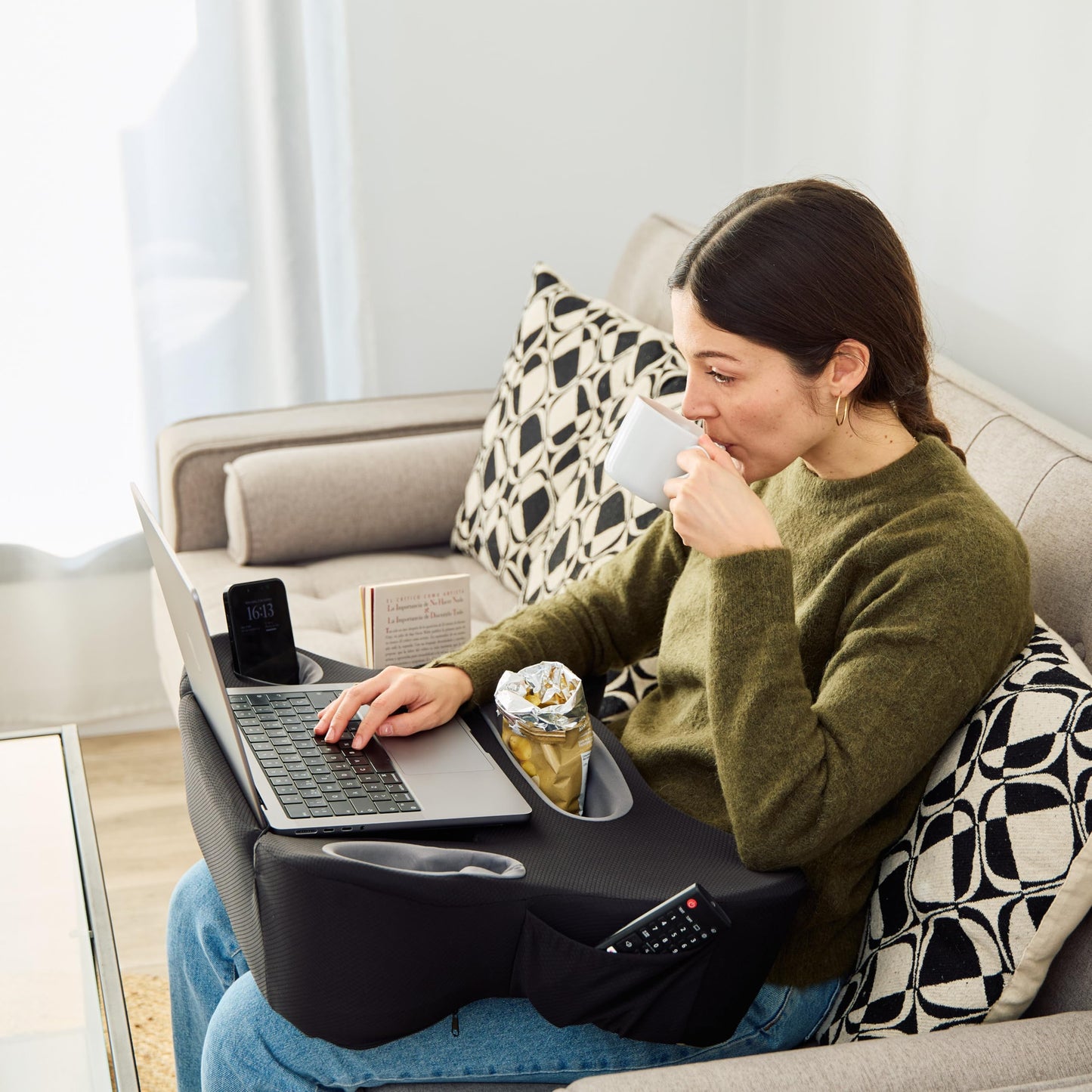 TabCouchCaddy Lap Desk Pillow - Cushioned Lap Pillow for Reading, Gaming, Work & Travel, Soft & Portable Laptop Desk for Bed, Couch, or Car, Ergonomic Support for Laptops & Tablets (Black)