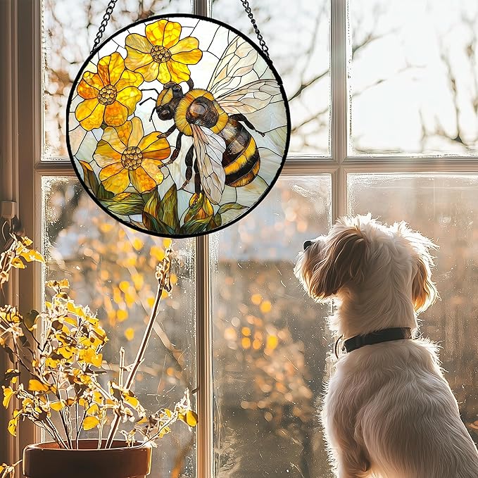 Stained Glass Window Hanging - Yellow Bees Gathering Flowers Sun Catcher for Door Garden Home Decor Cute Suncatcher Christmas Mother's Day Birthday Gifts for Women Men Mom Nana 9.8 in