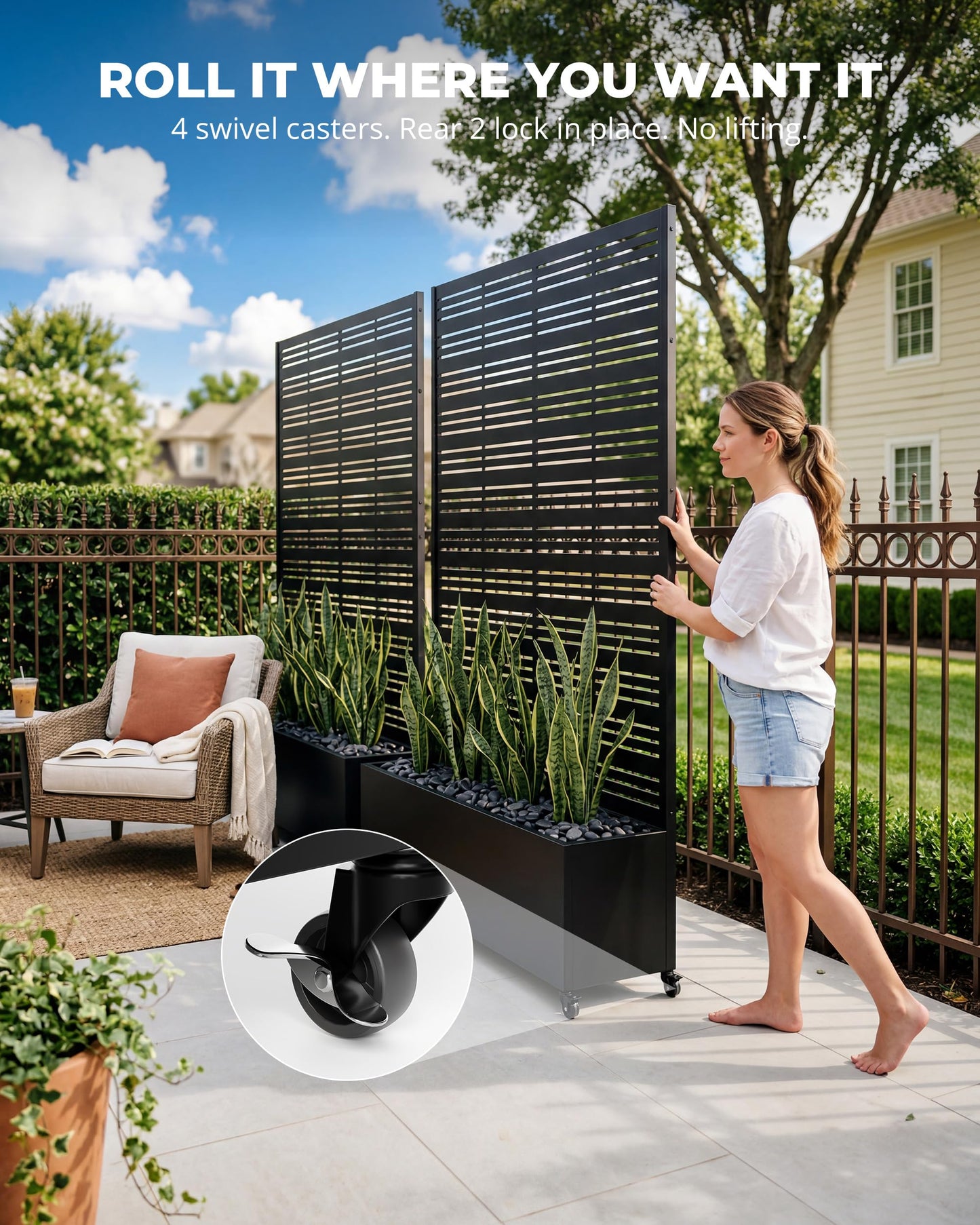 TinFrey Metal Raised Garden Bed with Trellis, 73"×47"×16" Privacy Screen Planter Box on Wheels — 61 lbs Won't Blow Over, Rust-Proof Louvered Design for Climbing Plants, Patio, Deck, Balcony - Black