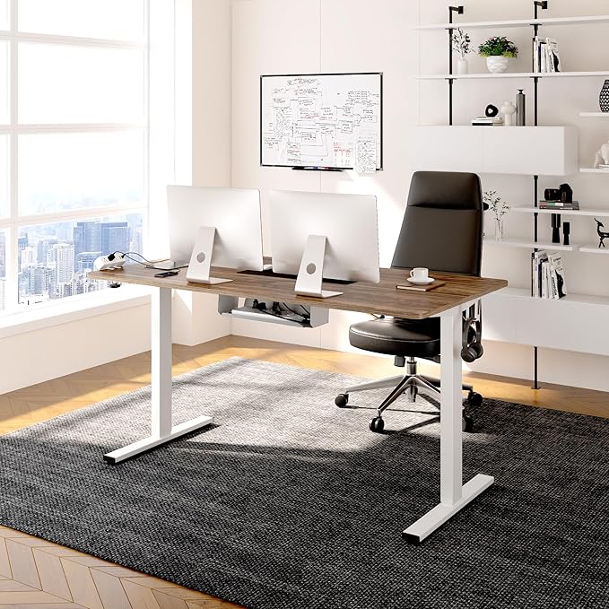 FLEXISPOT EN2 Whole-Piece Standing Desk with Clamp Power Strip, 48 x 30 Electric Stand Up Height Adjustable Desk with Cable Management (White Frame + 48" Black Walnut Desktop, 2 Packages)