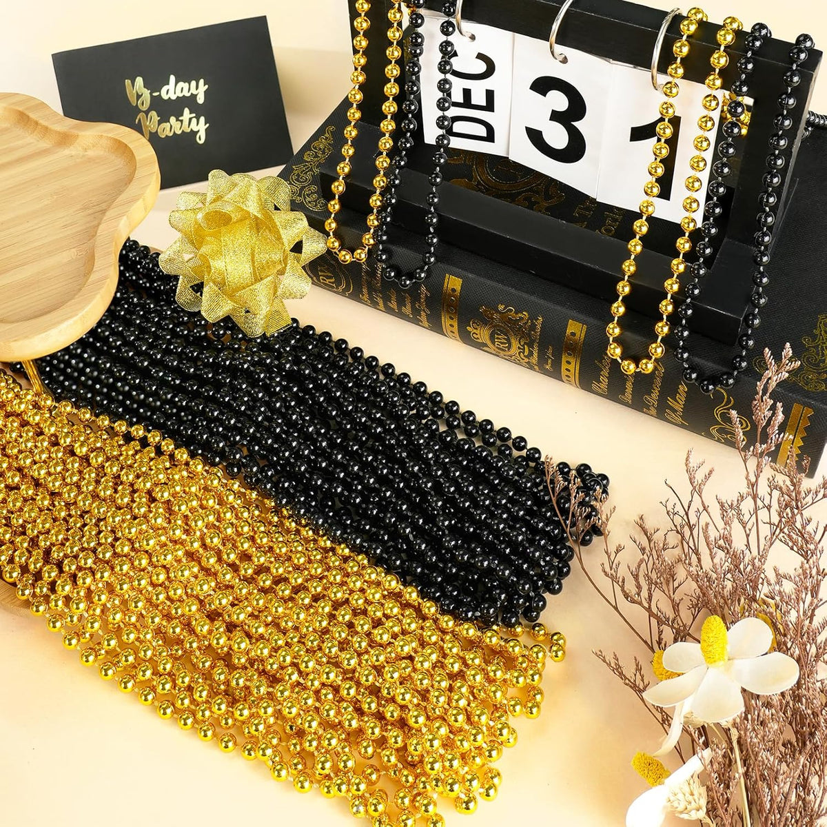 144 PCS Gold Black New Year Necklaces, New Year Eve Necklaces, 33'' Round Happy New Year Necklace Accessories, 2026 New Year Party Beads for New Year's Day, Halloween, Christmas, Carnival Party Favors