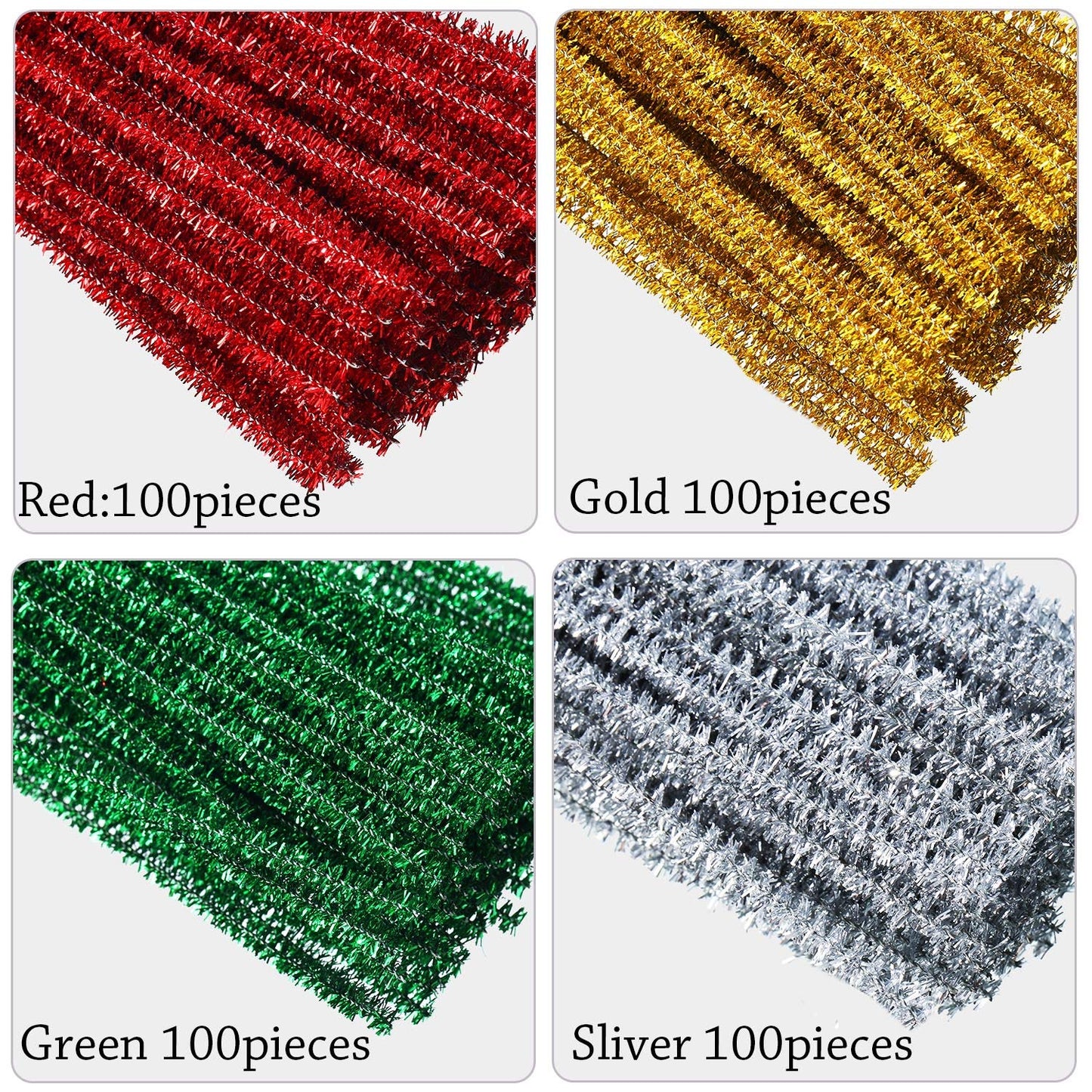 WILLBOND 400 Pieces Christmas Pipe Cleaners Craft Pipe Cleaners Glitter Chenille Stems Creative Arts Chenille Stems for DIY Craft Christmas Decoration, 12 Inches (Red, Gold, Silver, Green)