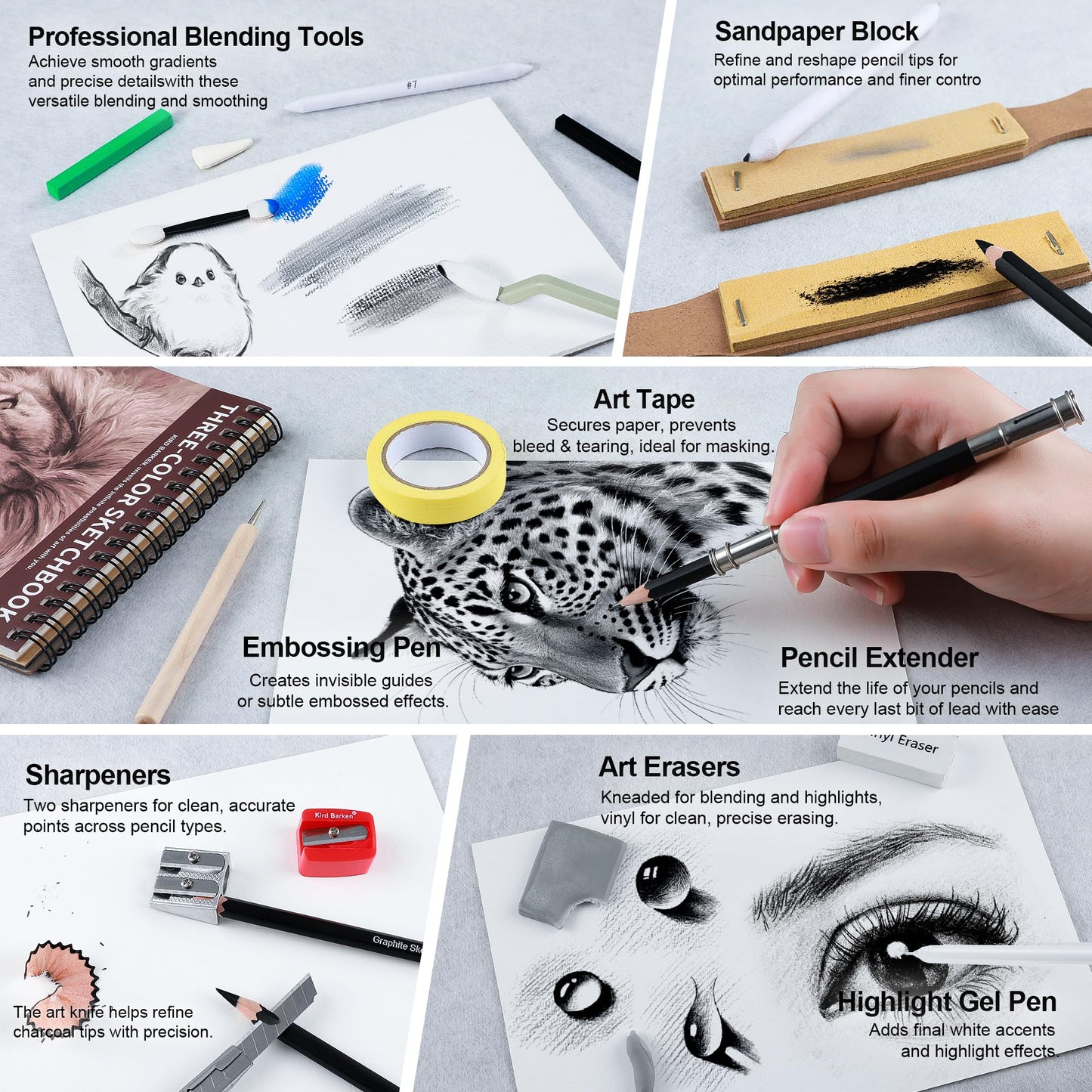 Kird Barken 112 PCS Professional Drawing Set Sketch Kit with 3-Color Sketchbook, Graphite & Charcoal Pencils,Sketching Supplies for Shading & Blending – Ideal for Artists, Adults, Teens & Beginners
