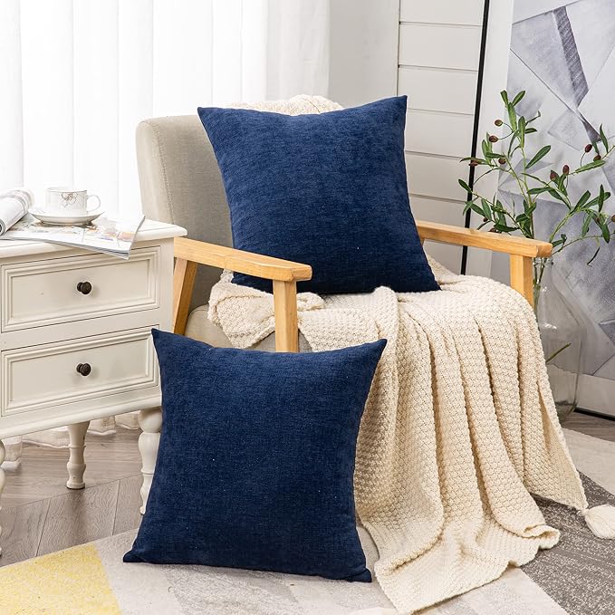 GAWAMAY Decorative Chenille Throw Pillow Covers 24x24 Inch Pack of 2, Soft Square Couch Pillow Cover for Sofa Cushion Living Room Bedroom Solid Dyed Pillowcases Navy Blue 60x60cm (ONLY Covers)