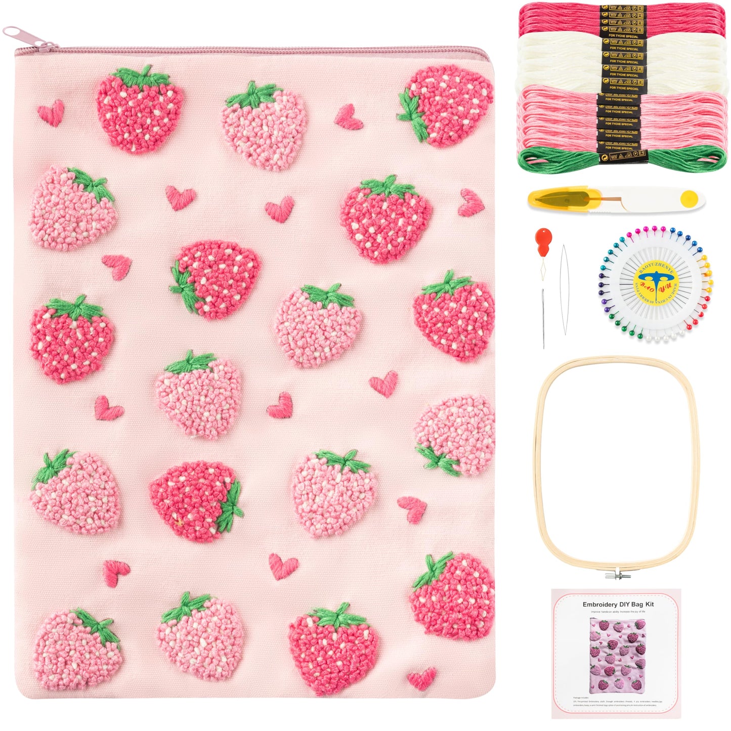 Fiupan All-in-One Strawberry Embroidery Kit - DIY Craft Kit with Thread, Fabric & Needles, Pink Embroidery Pouch for Tablet E-Reader Sleeve, Creative Birthday Gifts for Beginners（7-8 Inch）