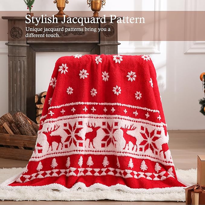 SOCHOW Christmas Holiday Jacquard Sherpa Fleece Throw Blanket, Fuzzy Warm Super Soft Reversible Plush Blanket for Bed, Sofa and Couch, 50 x 60 inches, Red