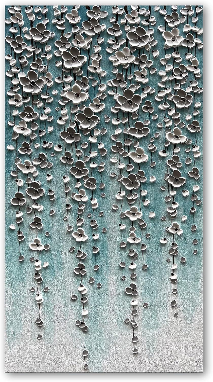 Epicler Large-Scale Oil Painting on Canvas Wall Art,46x23 inches Hand-Painted White Flower Wall Painting, Abstract Canvas Wall Art for Home Wall Decoration