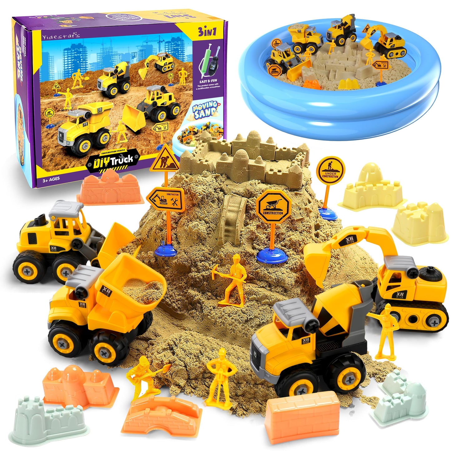 YIDESTARS Play Construction Sand Kit,2.2lbs Magic Sand W/4 Large Take Apart Construction Trucks,1 Sandbox,8 Worker Figures and Road Signs,8 Molds,Toys for 2-8 Years Old Boys Girls