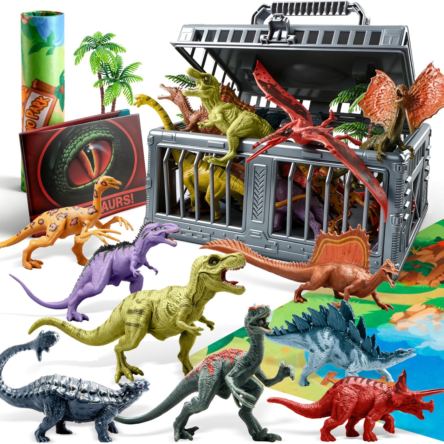 JOYIN Dinosaur Toys with Activity Play Mat & Storage Cage, 17 PCS Realistic Dinosaur Figures & Trees for Toddlers Kids Ages 3-5, Ideal for Boys and Girls Gift