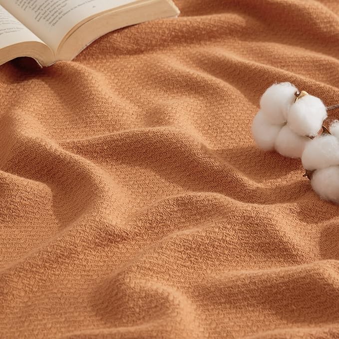 Bedsure 100% Cotton Blanket Twin XL Size for Bed - Breathable and Lightweight, Soft Cozy Textured Herringbone Woven Blanket for Summer Spring, Burnt Orange, 66x90 inches