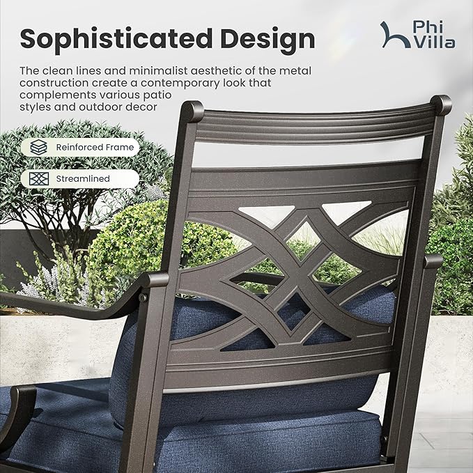 PHI VILLA 9 Pieces Outdoor Dining Set for 8, 60" Square Black Metal Table with Umbrella Hole & Wrought Iron Chairs, All Weather Outside Furniture with Blue Cushions & Pillows for Patio, Deck, Porch