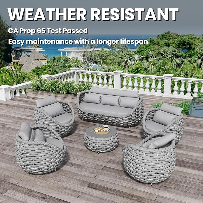Aluminum Rope Patio Furniture Set: 6 Pieces Assembled Outdoor Conversation Sofa Set for 7 - Modern Metal Couch Set Cushioned - All Weather Porch Seating for Deck Garden Pool Lanai Hotel, Gray