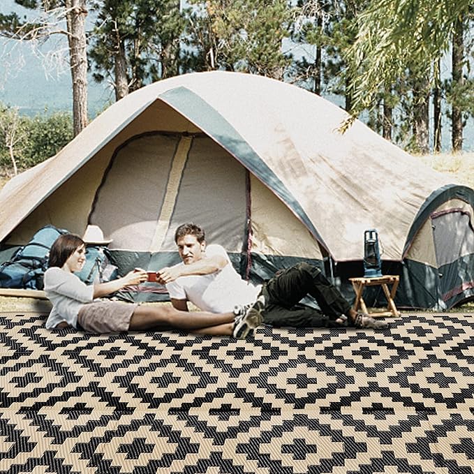 SAND MINE Waterproof Outdoor Rug 9x18 ft, Plastic Reversible Rug, Modern Area Rug, Large Floor Mat for Outdoors, RV, Patio, Backyard, Deck, Picnic, Beach, Camping, Black & Beige