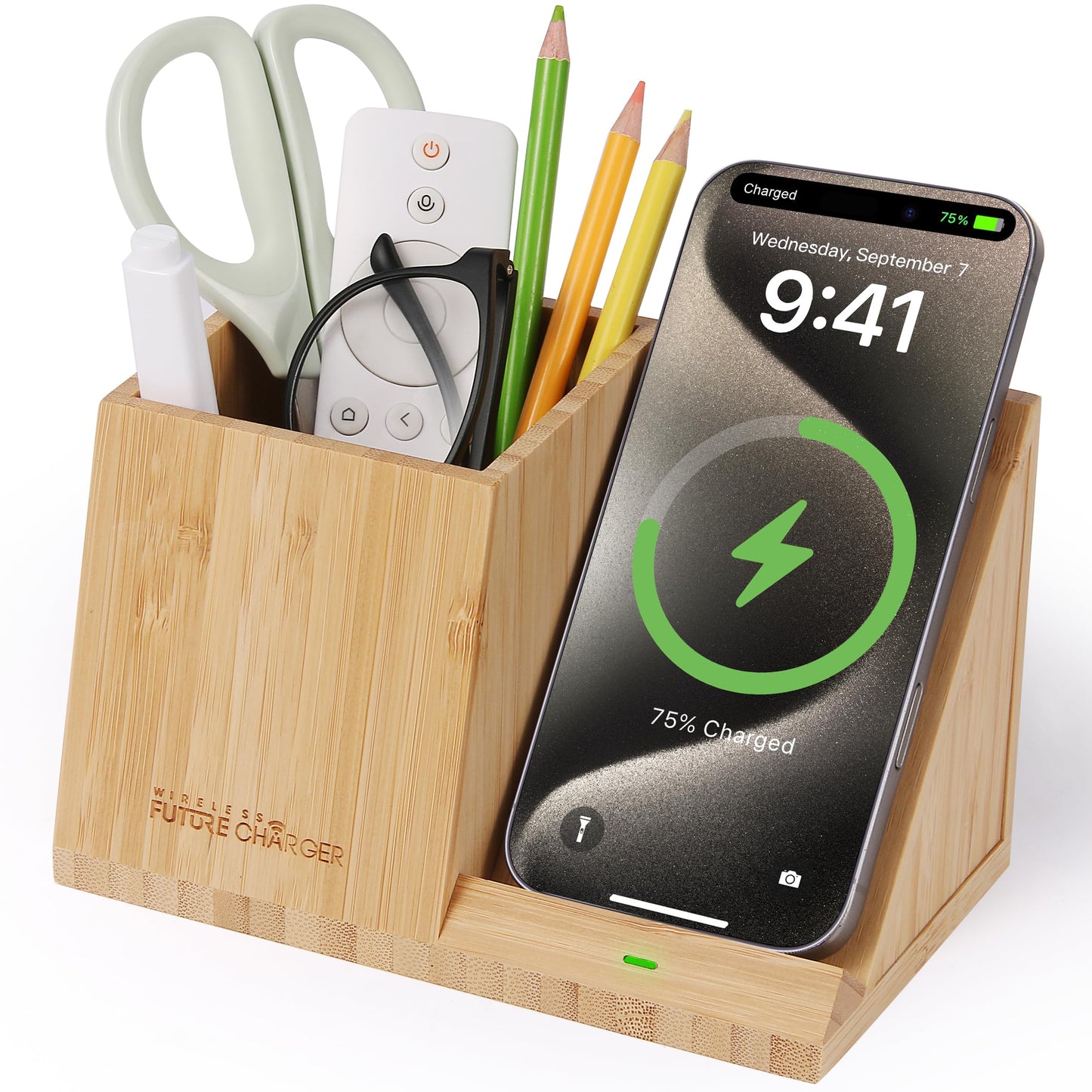 Bamboo Pen Holder for Desk & Nightstand Organizer with Fast Wireless Charging for iPhone, Samsung & More – Office Desk Accessories for Men/Women (Bamboo)