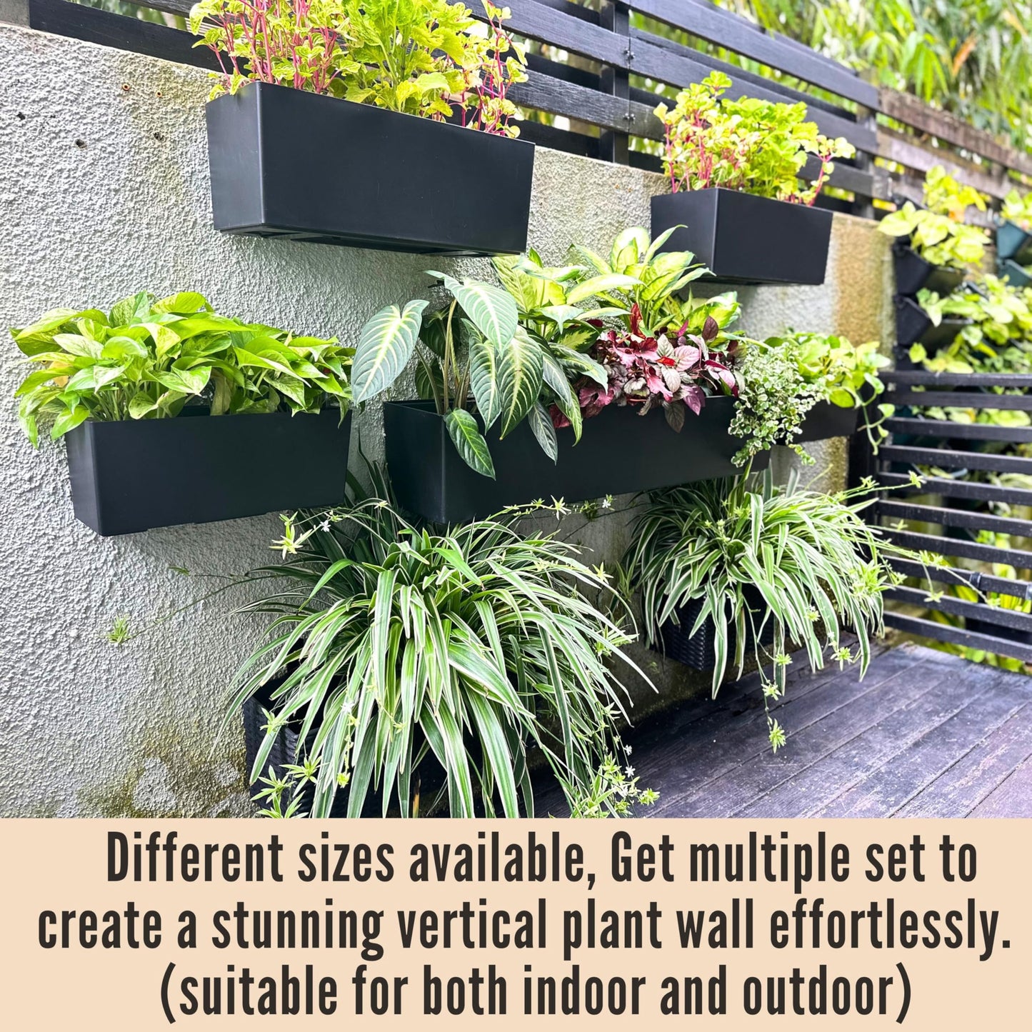 LaLaGreen Wall Hanging Planter Outdoor (4 Pack, 20 Inch) Wall Mounted Self Watering System Window Boxes with Bracket, Black Rectangular Plant Pot Flower Box Container Indoor Modern Herb Kitchen Decor