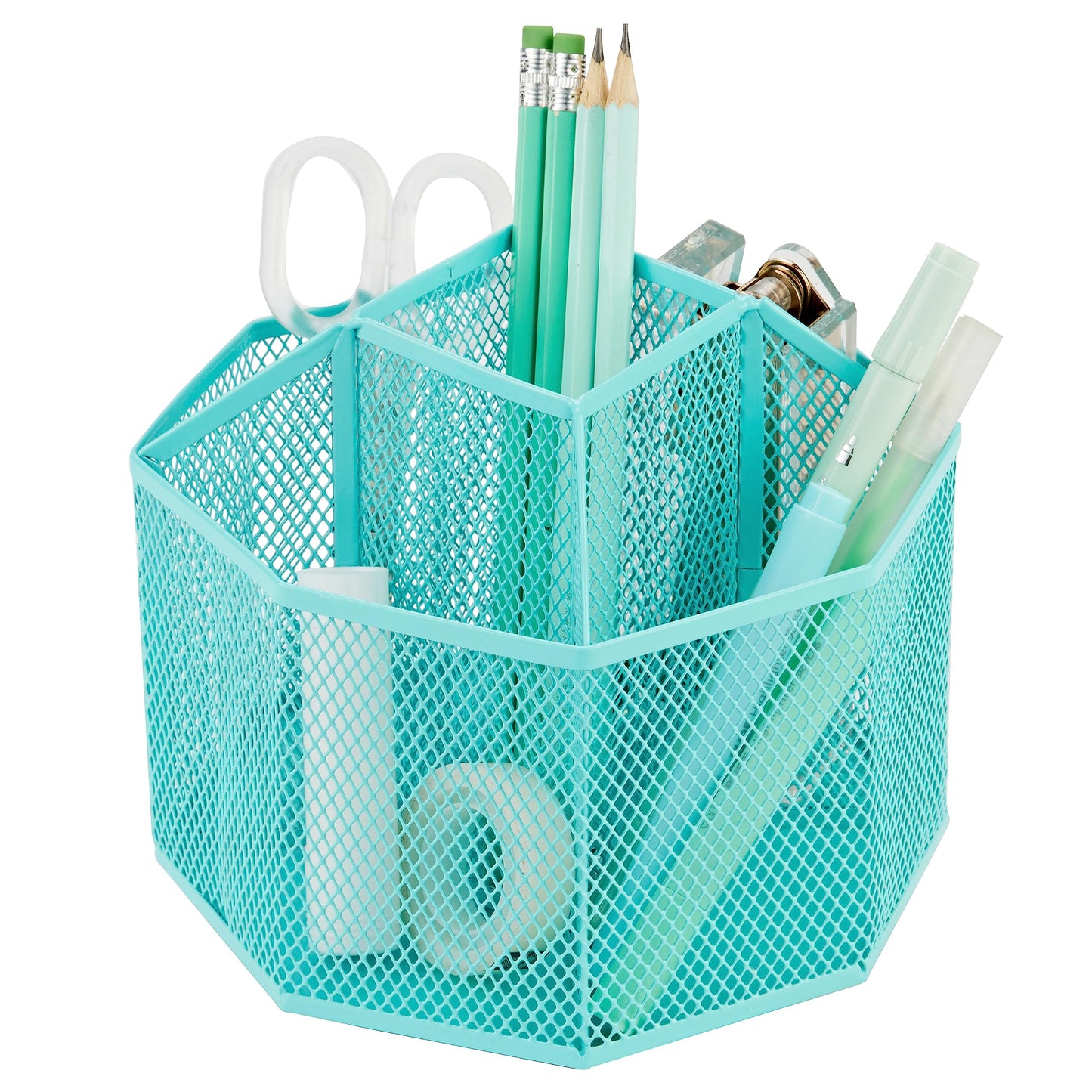 Annova Mesh Desk Organizer Rotate with 5 Compartments Spinning Tidy Candy/Pen Holder Office, Art Supply, Storage, Classroom, Home (Turquoise)