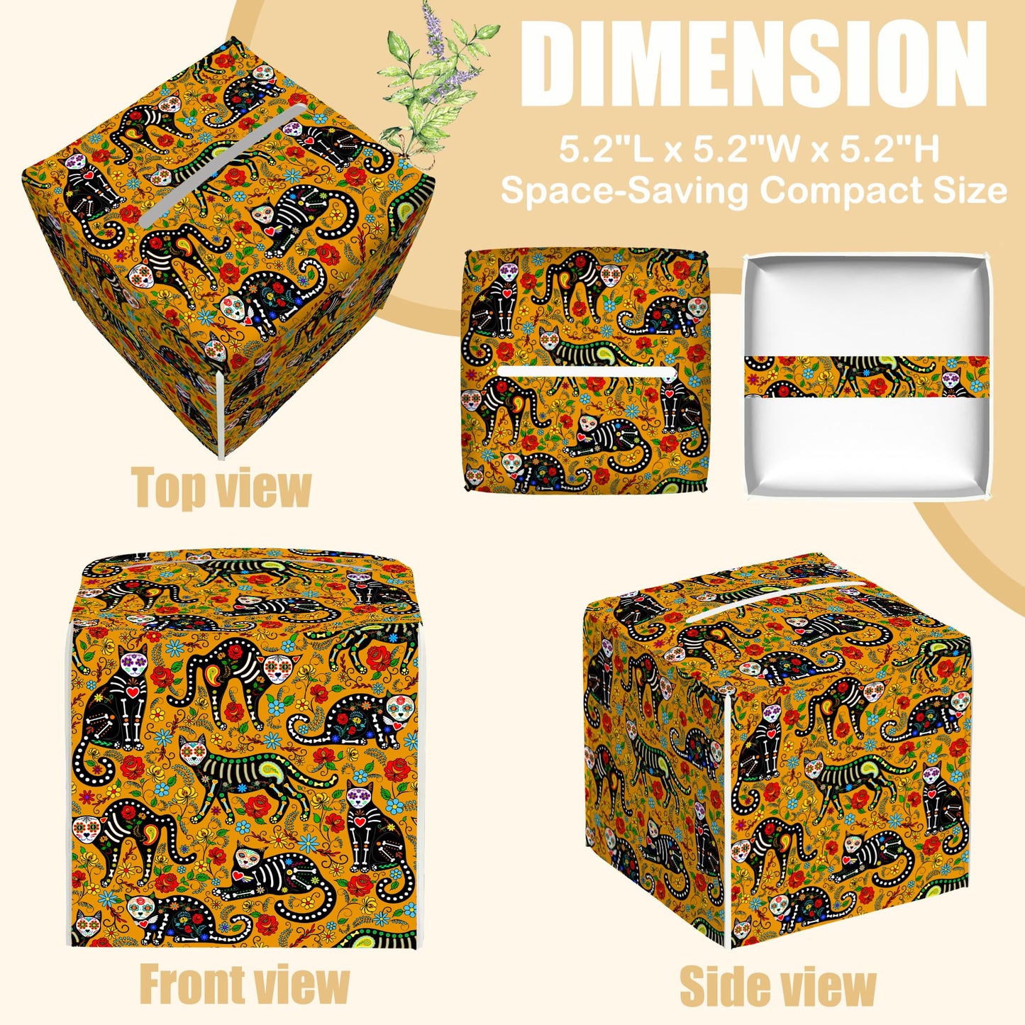 BLYKVGHQ Day of The Dead Square Tissue Box Cover Sugar Skull Black Cats Tissue Box Holder Facial Cube Paper Dispenser Leather Decorative Organizer Home Office Desk Decor, 5.2"x5.2"x5.2"
