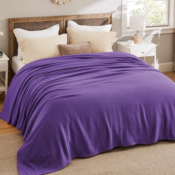 Bedsure 100% Cotton Blanket Queen Size for Bed - Breathable and Lightweight, Soft Cozy Textured Herringbone Woven Blanket for Summer Spring, Purple, 90x90 inches
