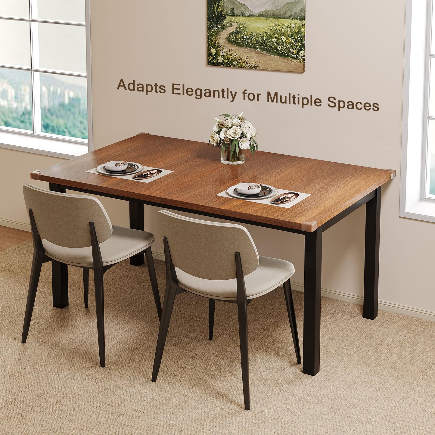 Einhomn Extendable Dining Table for 4-6, 63" Modern Kitchen Table, Farmhouse Dining Room Tables for Dining, Kitchen, Office, Living Room, Rectangular Wooden Tables, Space Saving (Walnut)