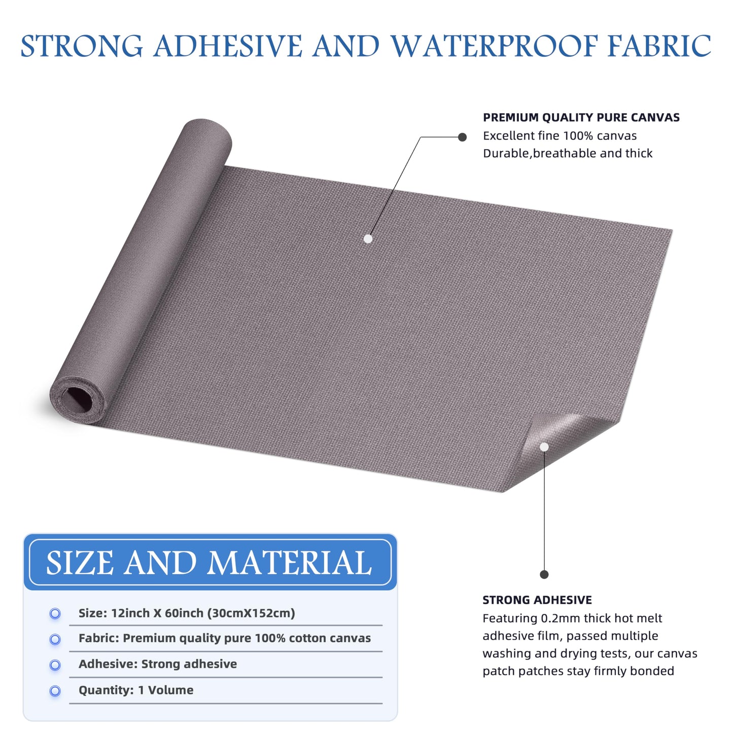 KING MOUNTAIN Canvas Iron on Patch,12"×60",Waterproof 100% Cotton Fabric Repair Patch,Used for Various Sofa,Tent,Clothes,Seats,Suitcases (Light Gray,Waterproof)