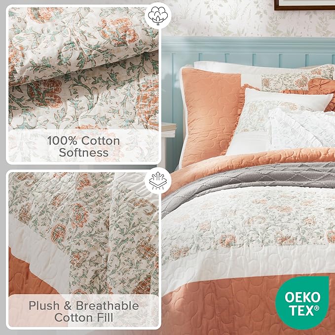 Madison Park 100% Cotton Quilt Set Floral Print, Double Sided Stitching, All Season, Lightweight Coverlet Shabby Chic Bedding Layer, Matching Shams, Full/Queen, Coral 6 Piece