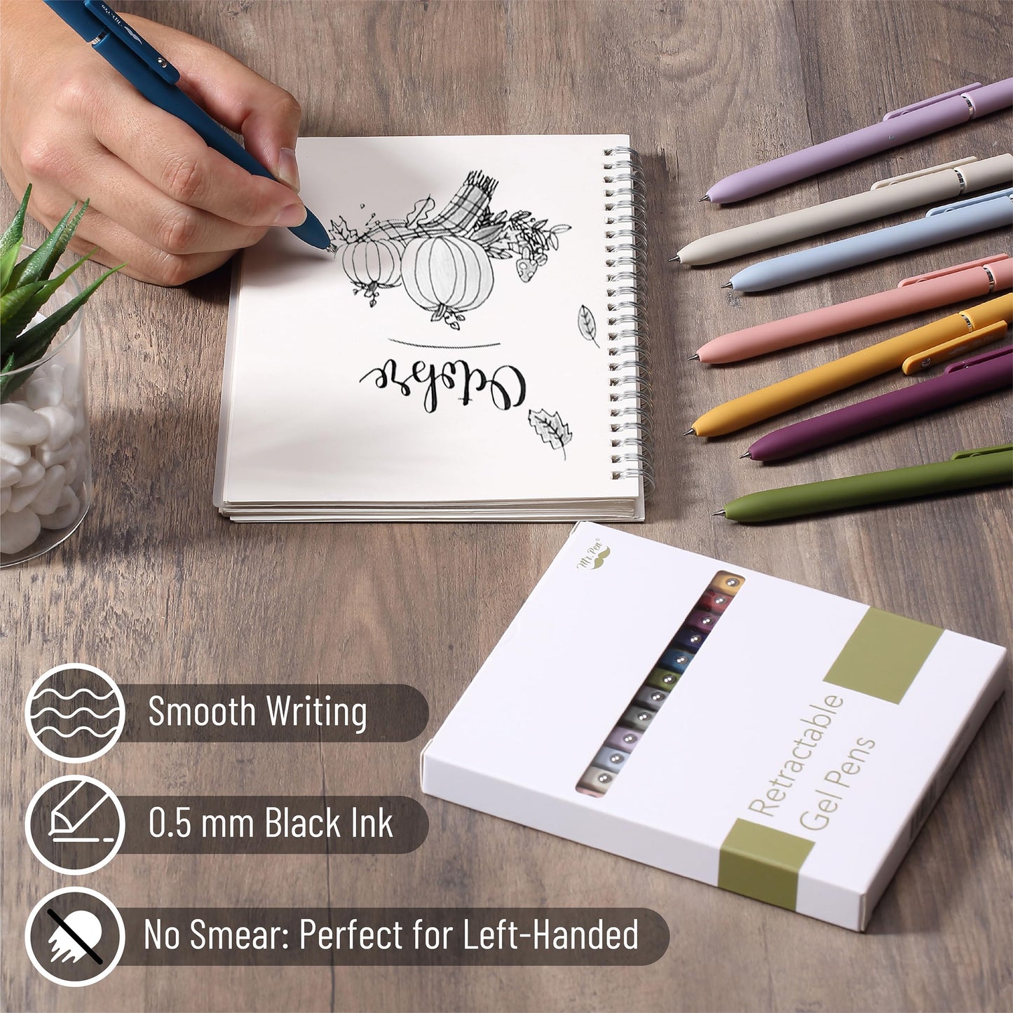 Mr. Pen- Retractable Gel Pens, 12 Pack, Morandi and Vintage Barrels, Fast Dry, Black Gel Pens Fine Point 0.5mm, Aesthetic Pens for Journaling