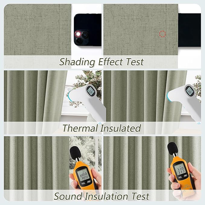 Sage Green 100% Blackout Linen Curtains 94 Inch Length 2 Panels Set for Living Room Bedroom Back Tab Thermal Insulated Black Out Drapes Room Darkening Window Curtains 94 Inches Long