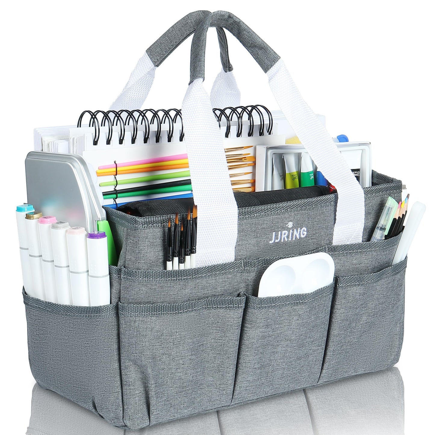 JJRING Craft Organizer Tote Bag, Art Storage Caddy with Multiple Pockets, Grey Sewing Bag for Art, Craft, Scrapbooking, Medical, and Office Supplies Storage