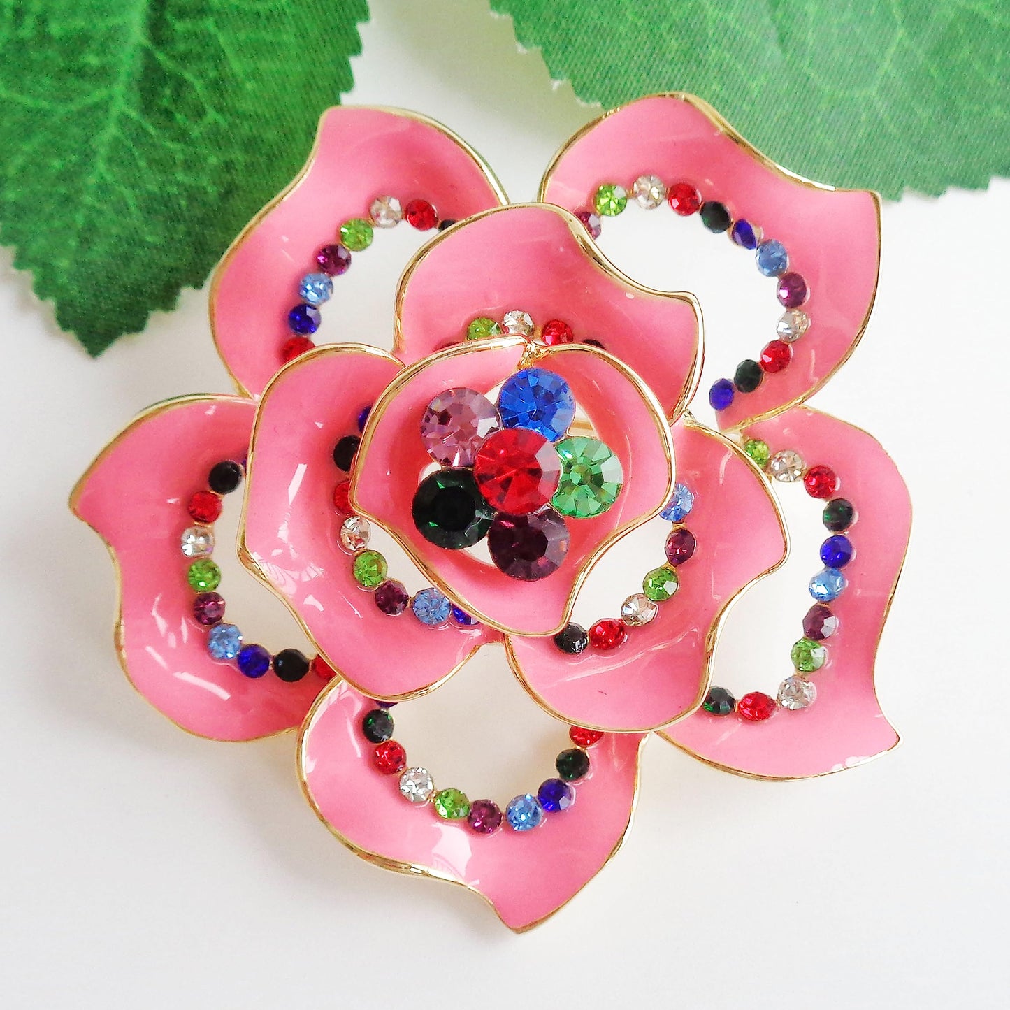 Navachi 18k Gold Plated Multi-color Crystal Pink Enamel Rose Flower Az7835b Brooch Pin